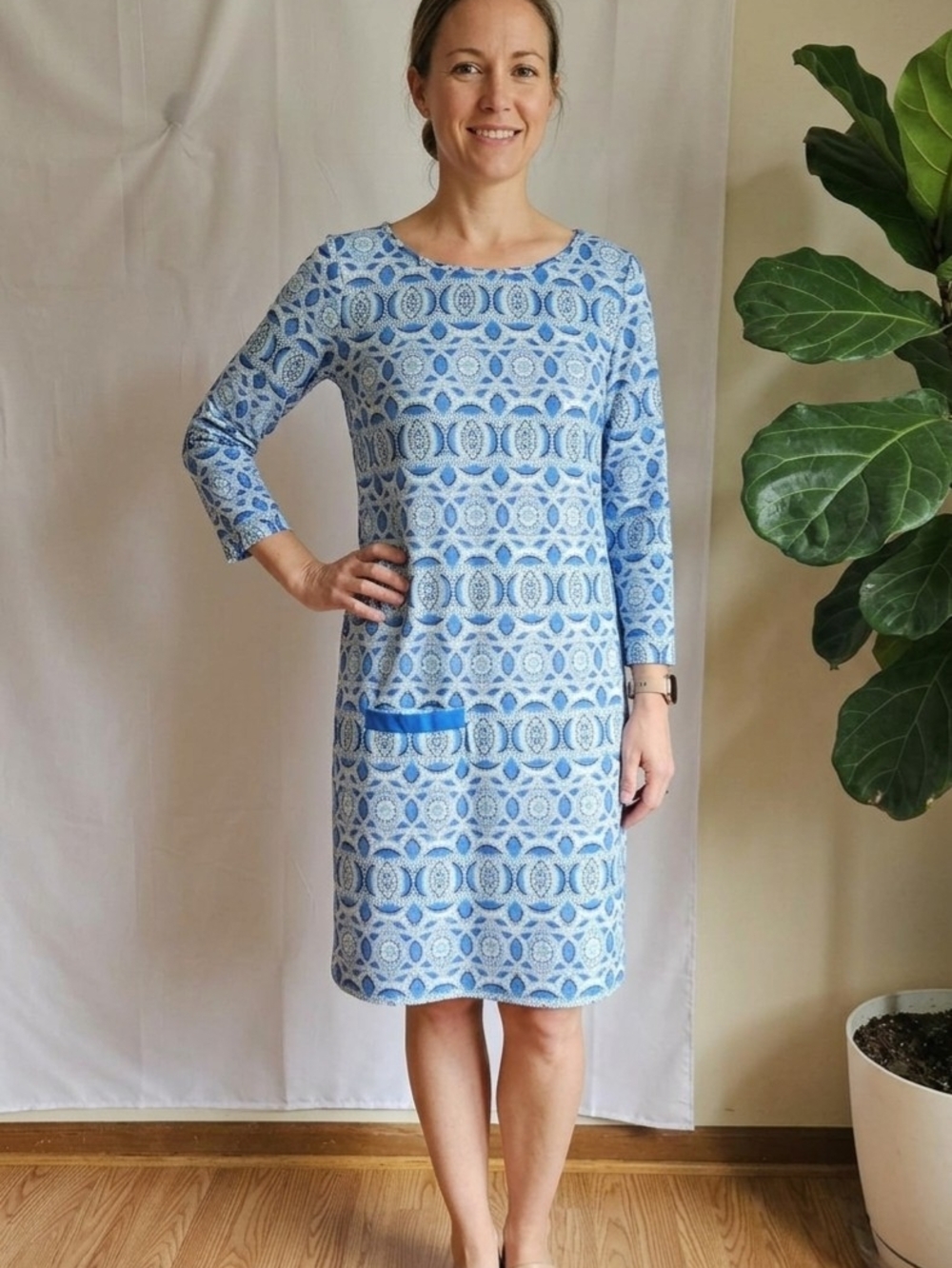 ​Cabana Life Blue Geometric Print Shift Dress L 3/4 Sleeve Beach Cover Up EUC